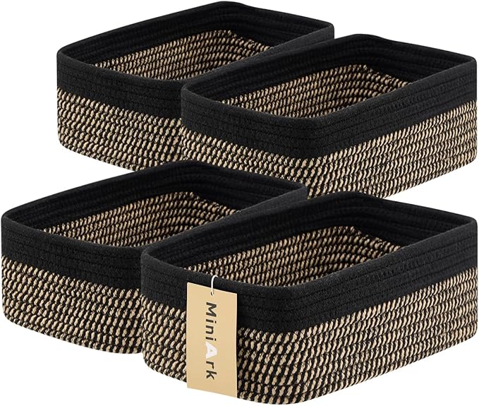 Small Storage Baskets for Organizing | Closet Organizer Bins | Shelf Toy Basket | Woven Rope Baskets | Cube Decorative Box | Shallow Basket | 11.5x7.5x4.7” | 4 Packs Black Brown