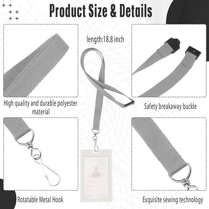 Patelai 60 Pcs Breakaway Lanyards with J Hook Bulk Flat for ID Badges Neck Badge Lanyards Card Nametag Holder Neck Straps (Gray)