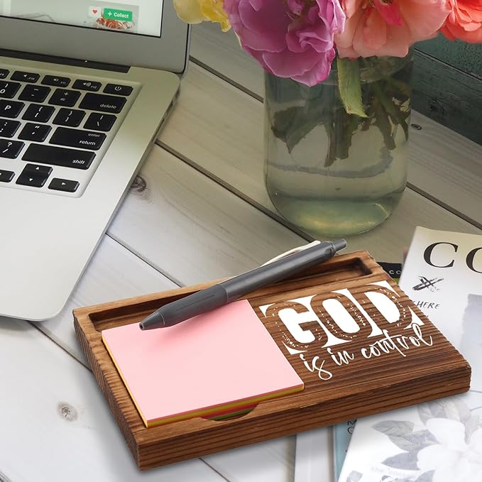 God is in Control Christian Sticky Note Holder, Religious Desk Accessories for Women, Men, Coworkers, Inspirational Wooden Prayer Gifts, Bible Verse Faith Note Pad Holder Office Decor ZSS78