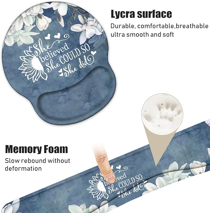 Keyboard Wrist Rest and Mouse Pad Wrist Support Set with Coasters, Inspirational Quote She Believed She Could So She Did Wrist Support Mouse Pad with Non-Slip PU Base for Computer Laptop Home Office