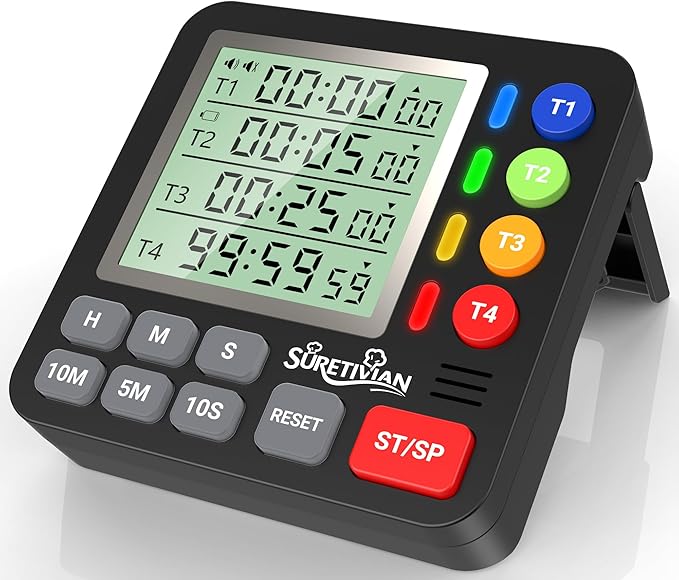 Digital Kitchen Timer for Cooking - 4 Channel Count Up Countdown Timer with Loud Alarm and Silent Mode, Large Display, Magnetic Back, Auto Memory for Classroom Study Gym, Battery Included (Black)