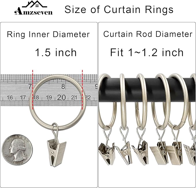 AMZSEVEN 40 Pack Metal Curtain Rings with Clips, Drapery Clips Hooks, Decorative Curtain Rod Clips 1.5 in Interior Diameter, Matte Silver