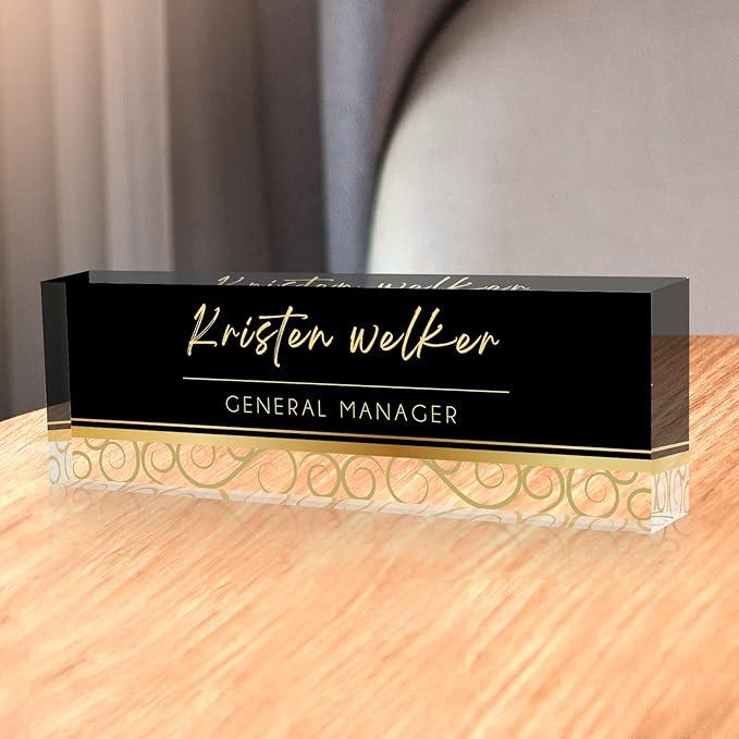 Custom Name Plate for Desk, Desk Name Plate Personalized, Office Decor for Women Men, Acrylic Desktop Accessories, Office Gifts for Coworkers Boss Teacher, Employee Appreciation Gifts (Black/Gold)
