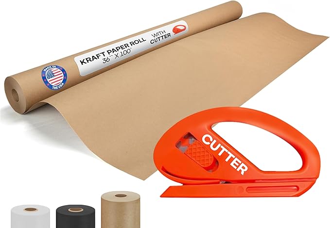 Brown Kraft Paper Roll 36" x 1200" (100 feet) with Cutter - USA-Made Quality Paper 50lb Thickness for Wrapping, Packing, Moving, Shipping, & Crafts/Arts - Natural Kraft Material by IDL Packaging