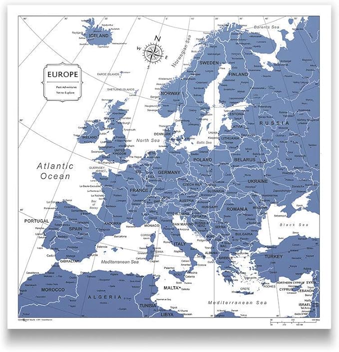 Push Pin Europe Map Board - With Push Pins to Mark Europe Travel - Handmade in Ohio, USA - Design: Navy Color Splash