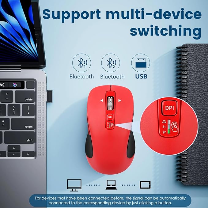 Wireless Bluetooth Mouse (USB + BT1 + BT2), Full Size, 4-Way Scrolling, Multi-Device Silent Mouse for Computer, Laptop, iPad, MacBook (Red)