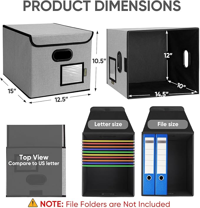 BALEINE File Organizer Box with Lid, Collapsible File Folder Organizer with Plastic Slide, Hanging File Folder Box for Office Document Storage (1 Pack, Grey)