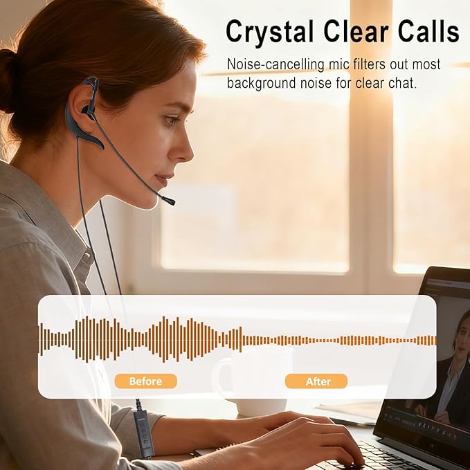 USB Earbuds with Microphone for PC, Lightweight Wired USB-A Computer Headphones with Adjustable Ear Hooks for PC Laptop Computer Mac Zoom Teams Office Work with Volume Controls & Mic/Speaker Mute