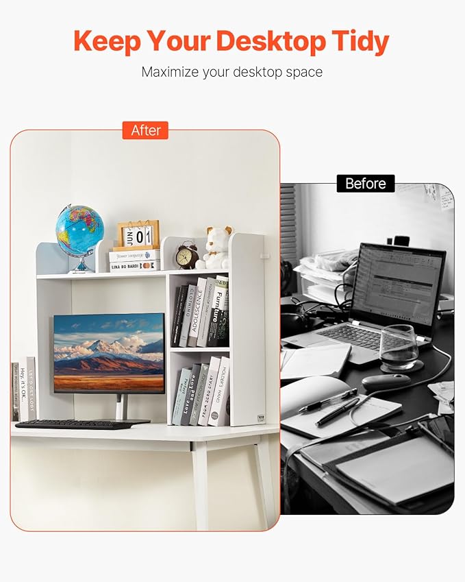 VEVOR Wood Desk Shelf, Desktop Bookshelf, Desk Storage Hutch with 6 Shelves, Office Countertop Organizer 3-Tier Display Rack, with Anti-Slip Feet Pads, for Office, Home & Dorm, White