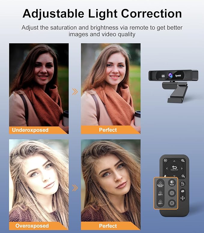 Spedal 4K Webcam with Tripod, Wide Angle 120° USB Webcam, Sony 1/2.8" Sensor, Dual Microphones, Remote Control, Auto Focus for Video Conferencing, Online Meetings, Streaming, Zoom & Teams