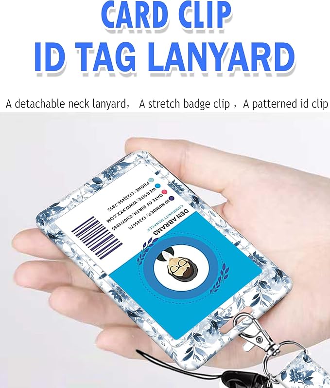 BLOCIT ID Badge Holder with Lanyard and Retractable Badge Reel Clip, Cute Card Name Tag Lanyard Vertical ID Protector Bage Clips for Nurse Doctor Teacher Student（Navy Blue Floral）