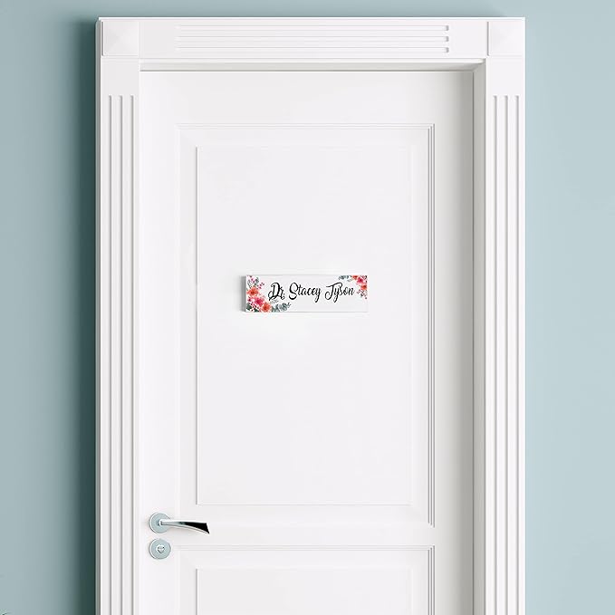 Artblox Personalized Office Desk Name Plate and Business Card Holder | Clear Acrylic Glass with Teak Wood Stand | Mixed Flowers Design Customized with Your Name and Credentials Office Desk Decor