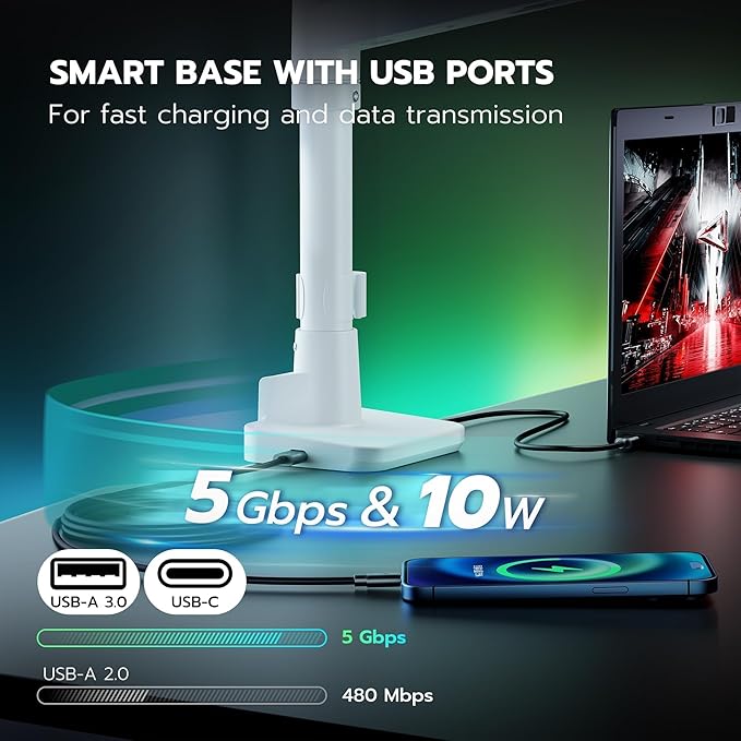 ARES WING Heavy Duty Monitor Arm with USB A/C, Tall Ultrawide Monitor Arm for 17 to 49 inch Screen, Holds 44 lbs, Adjustable Gas Spring Desk Mount, White