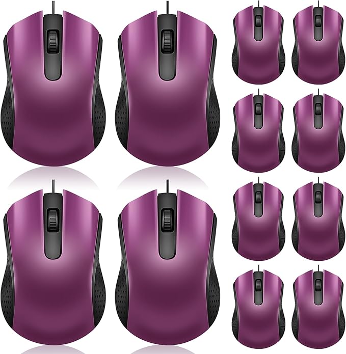 Hoteam 12 Pcs Purple Wired Computer Mouse Bulk Cord USB Computer Mice Ergonomic Wired Mouse for Pcs, Computers, Laptops, Gaming Office Home Supplies