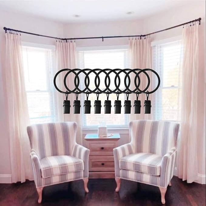 LLPJS 40 Pack Curtain Rings with Clips, Curtain Clip Rings Hooks, Bow Hanger Clips for Hanging Drapery Drapes Bows, Ring 1.26 inch Interior Diameter, Fits up to 1" Rod, Black