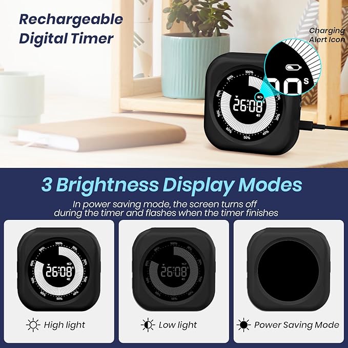 Visual Timer for Kids, 10 Hours Countdown/Up, with Rechargeable, 3 Volume Levels，3 Brightness Display, and Magnetic, Homeschool Study Tool, Large Digital Timers for Classroom, Kitchen