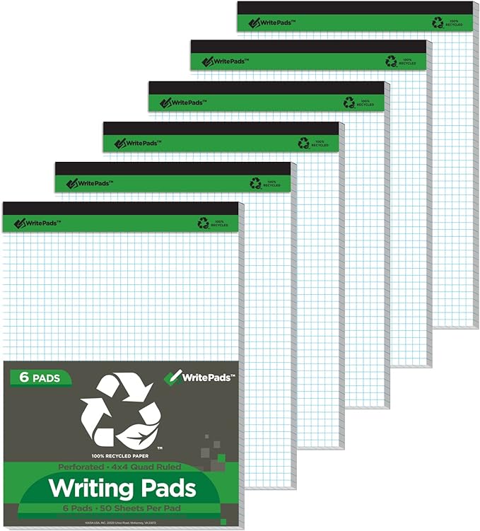 KAISA Graph Paper Legal Pads Writing Pads 600 Sheets Recycled Paper 8.5"x11.75" Quad Ruled 4x4 Perforated 50sheets/pad Grid Paper Notepads Writing Tablet White For Office Supplies (White 6pad, 8.5x11.75'')