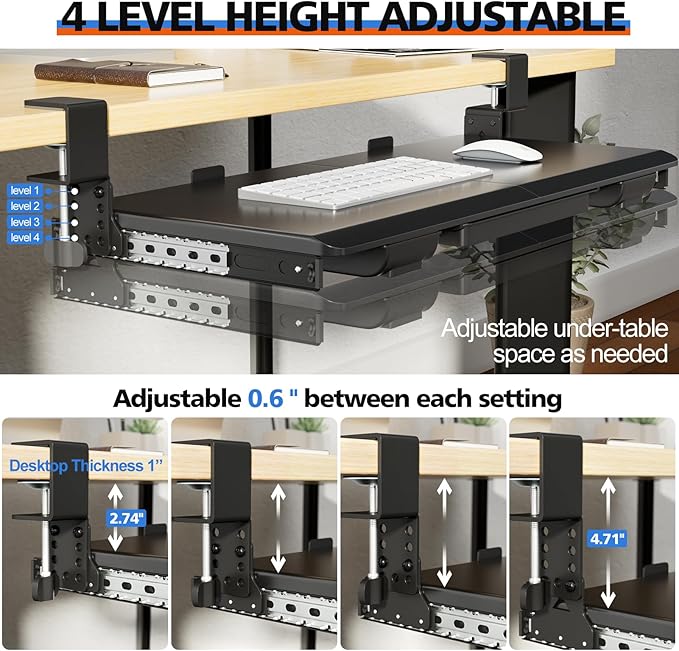Large Height Adjustable Keyboard Tray with Sturdy C-Clamp Mount and Storage Drawer, 27"(31" Including Clamps) x 12" Slide Out Ergonomic Keyboard Trays for Home and Office, Black