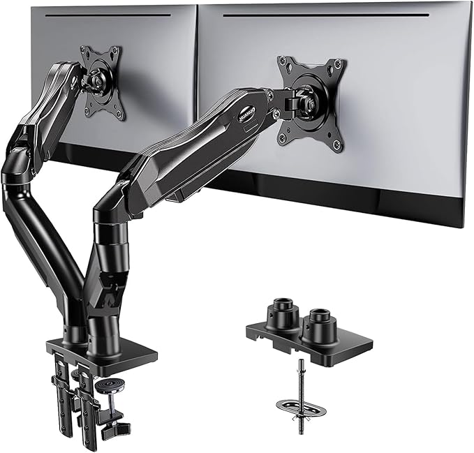 HUANUO Dual Monitor Stand, Fully Adjustable Monitor Desk Mount for 13–32″ Computer Screens, Full Motion VESA 75x75/100x100 with C-Clamp & Grommet Base, Each Arm Holds 4.4 to 19.8 lbs