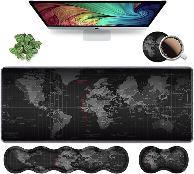 Ergonomic Keyboard Wrist Rest & Mouse Pad Wrist Rest Set, Large XXL Gaming Mousepad 31.5"x 11.8", Memory Foam, Easy Typing Pain Relief, Multifunctional Desk Mat for Office & Home, World Map Pattern