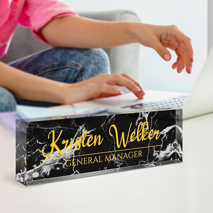 Name Plate for Desk, Desk Name Plate Personalized, Office Decor for Women Men, Acrylic Desktop Accessories, Office Appreciation Gifts for Boss Social Workers Nurse Teacher Employee (Black Marble)