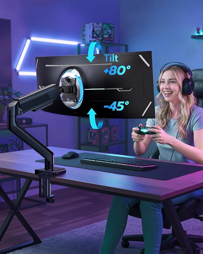 ARES WING Heavy Duty Single Monitor Arm - Fully Adjustable Monitor Mount for 17"-40" Ultrawide Screens Up to 26.4 lbs with Clamp/Grommet Desk Mount and USB A/C, 75/100 Vesa Mount, Black