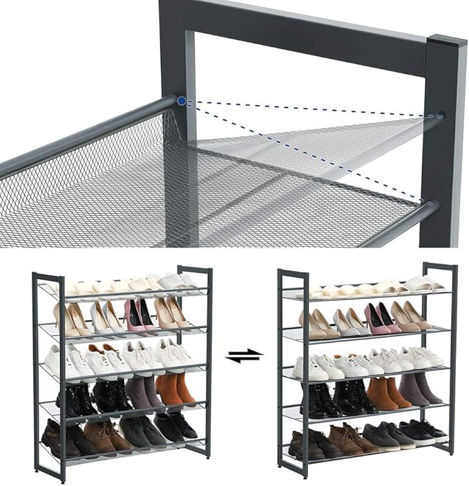 SONGMICS Shoe Rack, 5-Tier Shoe Organizer, Metal Shoe Storage for Garage, Stackable Shoe Shelf, with Adjustable Flat or Angled Shelves, 20-25 Pairs, Charcoal Gray ULMR05GB