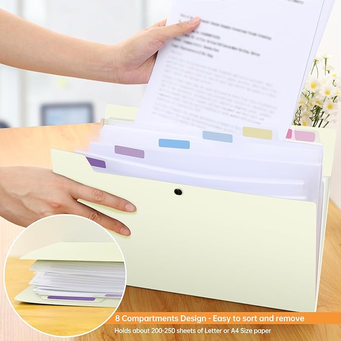 2 Pack Expanding File Folder with 8 Pockets, Accordion File Organizer for Documents, A4/Letter Size Paper File Folder Organizer with Labels, Portable Folders for School Office Supplies, Yellow