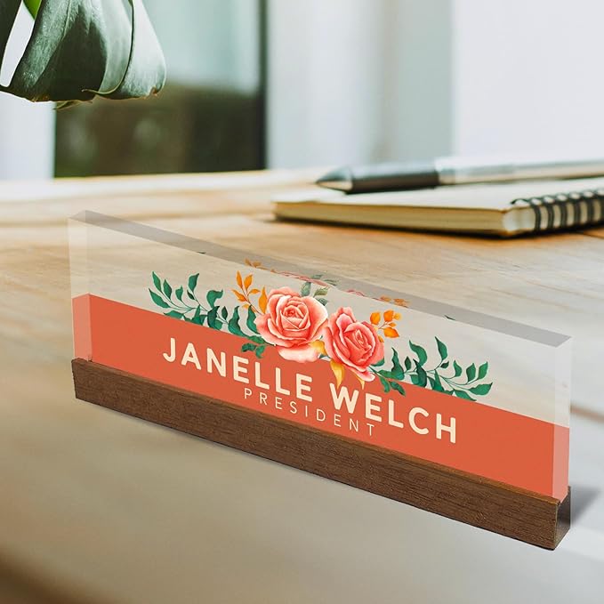 Artblox Office Personalized Name Plate for Desk with Business Card Holder On Clear Acrylic Glass Orange Roses Design Custom Desk Name Plate with Your Name and Credentials Customized Gift