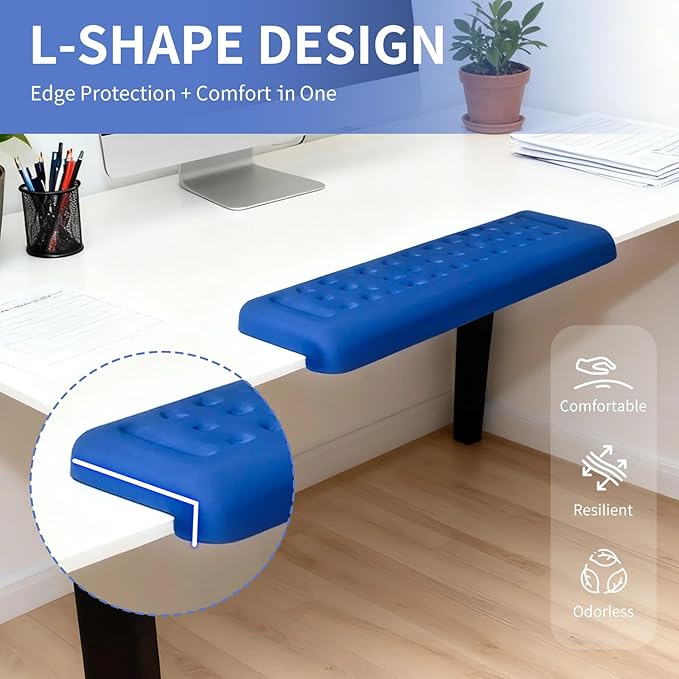 L-Shaped Desk Edge Cushion & Mouse Pad with Wrist Rest, 3-Piece Ergonomic Keyboard Wrist Support Set, Non-Slip Suction Cups, Massage Dot Design for Airflow, Dark Blue for Office and Gaming