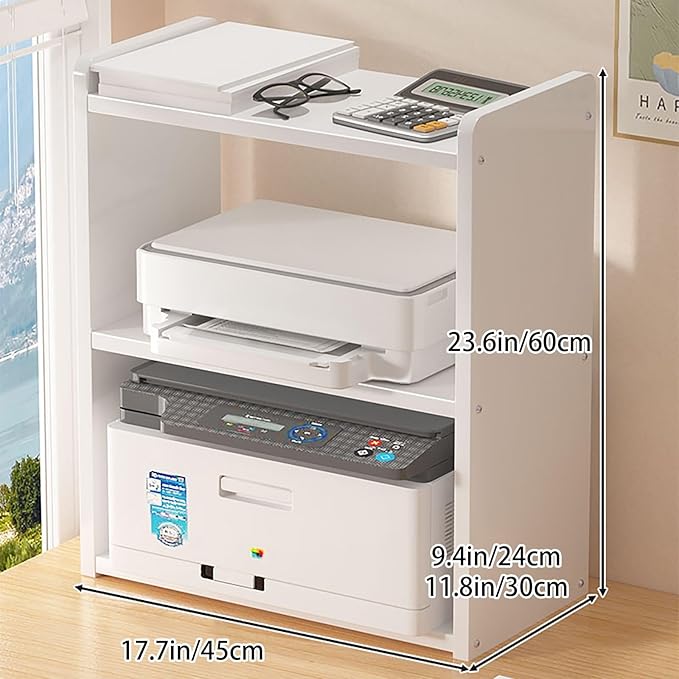 Desktop Storage Rack, Wooden Printer Stand with Compact Under Desk Shelf for Home Office Organization(Warm White,17.7 * 11.8 * 23.6in)