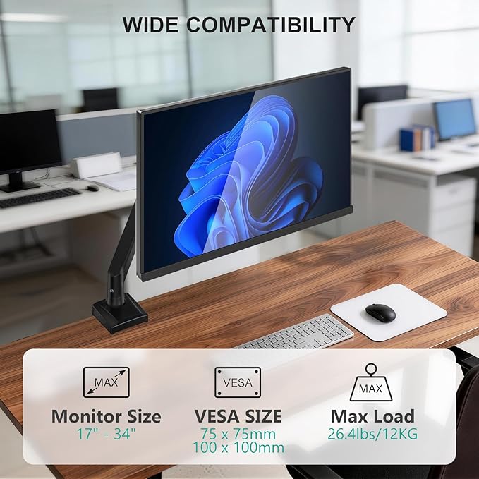 WALI Single Monitor Mount, Gas Spring Monitor Arm for 17-34 inch Screens, Adjustable Computer Monitors Stand up to 26.4lbs, with Clamp and Grommet Base, Mounting Holes 75 and 100mm (GSMP001N), Black