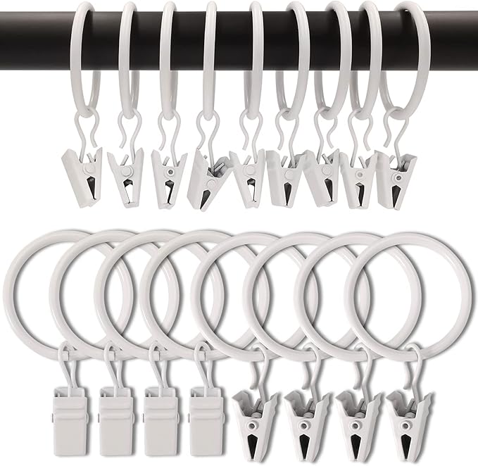 AMZSEVEN 90 Pack Curtain Rings with Clips, Drapery Clips with Rings, Drapes Rings 1.26 in Interior Diameter, Fits up to 1 Inch Curtain Rod, White