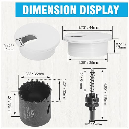 1-3/8" White Desk Grommet with Bi-Metal Hole Saw, JTemgle Plastic Cable Hole Cover Computer Table Cord Wire Organizer Caps, Desktop Cord Management for Home Office TV Stands Tabletops, 7 Pieces