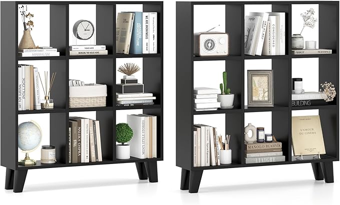 Giantex 9-Cube Open Bookcase, 3-Tier Freestanding Bookshelf with 4 Slanted Legs & 6 Removable Shelves, Modern Cubby Storage Organizer, Wood Display Book Shelf for Living Room Bedroom Study (2, Black)