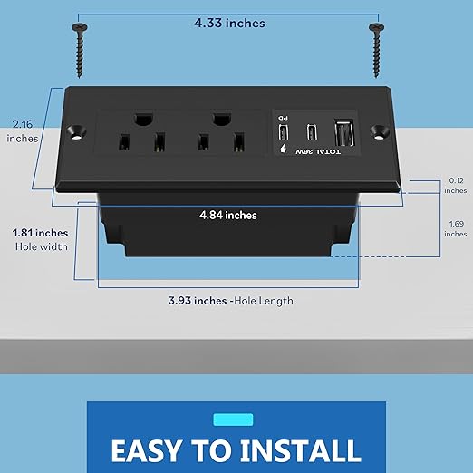 LIDER PD 36W Recessed Outlet Station with USB-A and USB-C Ports, Desktop Power Grommet, Power Delivery, Tamper-Resistant Receptacles, Power Strip for Desks and Cabinet, Black, 6.5ft Cord, ETL Listed