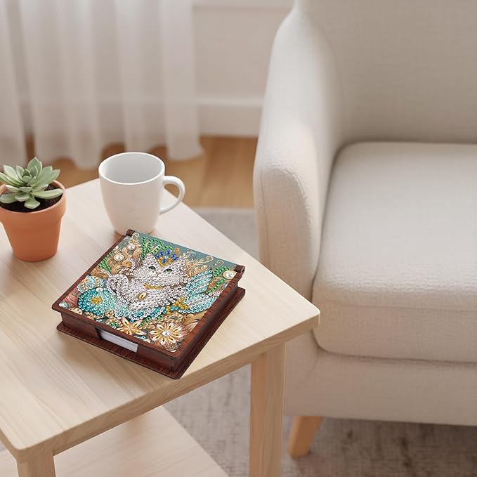 Wooden DIY White Cat Diamond Art Notecard Box – DIY Gem Art Sticky Note Holder for Adults 160 Sheets Memo Pad Storage