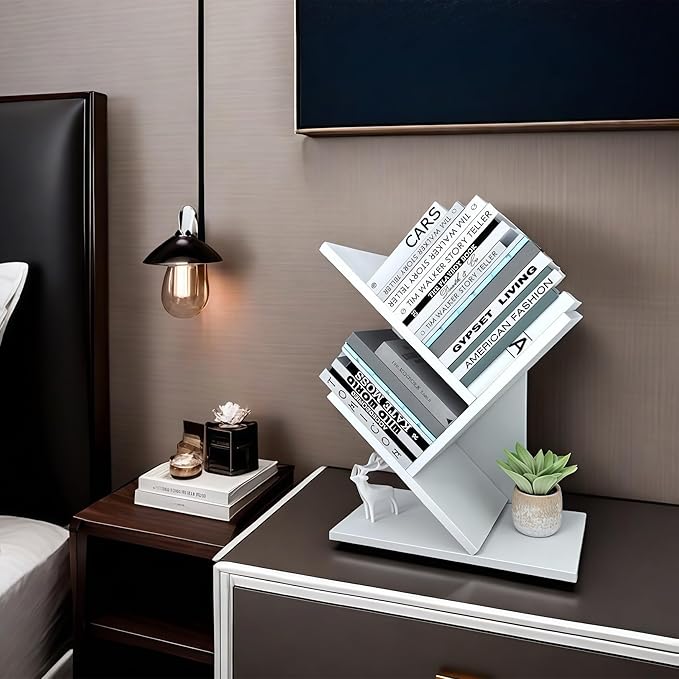 Godferyxin Tree Bookshelf, 3-Tier Wood Small Bookshelf and Mini Book Shelf for Office, Home or School Desk Book Shelf for for Displaying Books, CDs, Magazines Wood Storage Rack-Whit