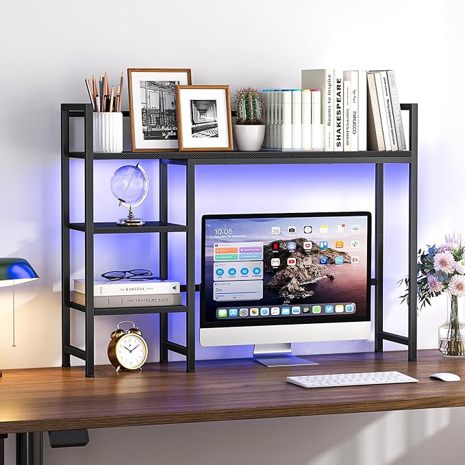 Snughome Desk Shelf with LED Strip, 38.6" Desktop Organizer Shelf, Desk Hutch for Computer Monitor, 4 Tier Desk Display Rack, Wood Desktop Bookshelf Storage Rack for Home Office Dorm