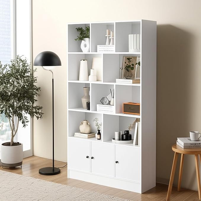 Anystyle White 5-Tier Bookshelf, 13-Cube Storage Cabinet with 3 Doors, Freestanding Bookcase for Living Room & Home Office, 35.4” W x 11.8” D x 65” H