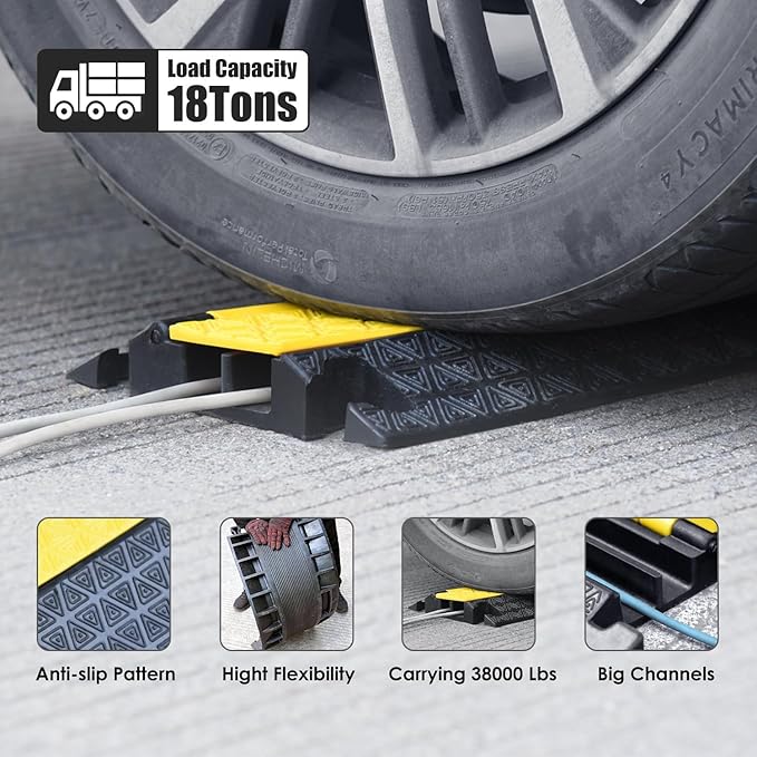 Heavy-Duty Rubber Cable Protector Ramp (4-Pack) - 2-Channel Floor Cord Cover for Driveway, Warehouse, Events - 22,000 lbs Load Capacity - Indoor & Outdoor Use - Cable Speed Bump for Hoses, Cables