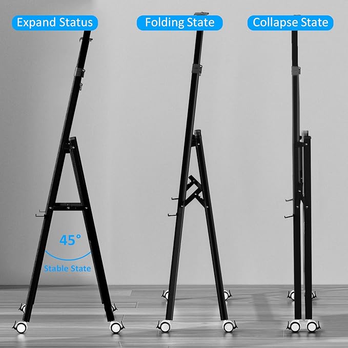 A-Frame Foldable Whiteboard Stand, Height and Width Adjustable, Mobile Stand with Wheels for All Heavy Duty Glass Blackboard, Chalkboard, Bulletin Board, Display Board, Drawing Board (Black)