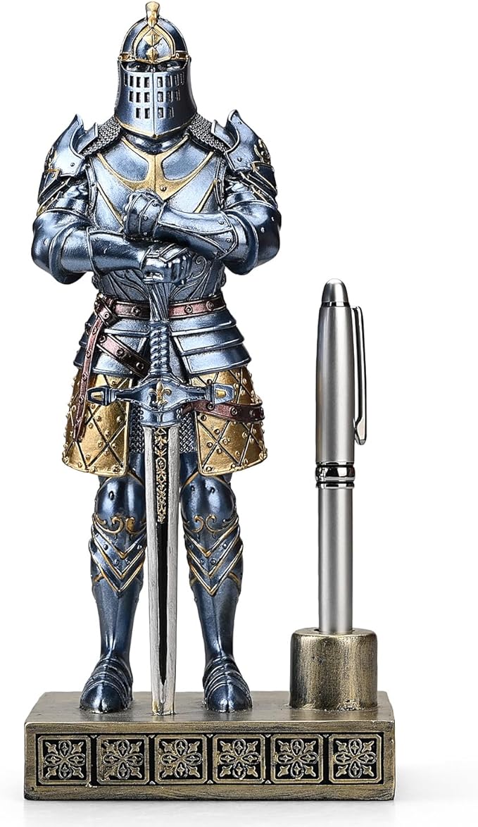 Knight Pen Stand Decoration Resin Pen Holder Art Craft Paperweight for Desktop Organizer Festival Gifts for Boyfriend Husband Dad Son(Blue)
