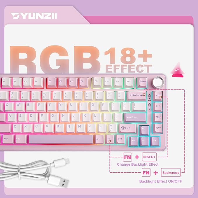 YUNZII B75 PRO Wireless Mechanical Keyboard,75% Layout with Knob,Hot Swap Gasket Custom Structure,Creamy Pre-lubed Switches,RGB Backlit,Bluetooth/Type-C/2.4G for Win/Mac(Milk Switch,Purple)