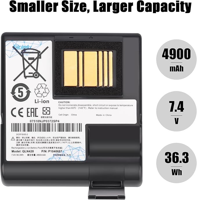 for Zebra QLN420 ZQ630 Battery,Compatible for Zebra Label Printer QLN420 ZQ630 ZQ630 Plus,ZQ63-AUWA000-00 ZQ63-ACFAC10-00,P1040687 P1050667-016 P1089760-002 BTRY-MPP-68MA1-01, Li-Ion 4900mAh.