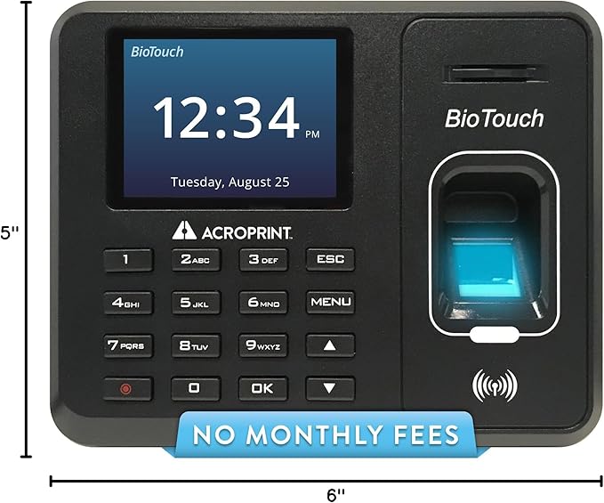 Acroprint BioTouch Self-Contained Automatic Biometric Fingerprint/Proximity Time Clock (No Monthly Fee)