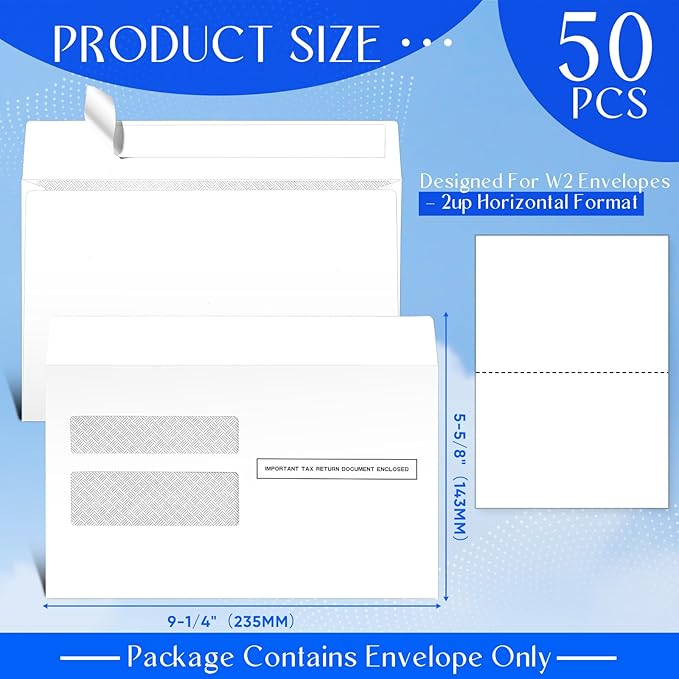 Sayglossy 50 Pcs W2 Envelopes 2025 Double Window Self Sealed Tax Security Envelopes, 9-1/4" X 5-5/8"