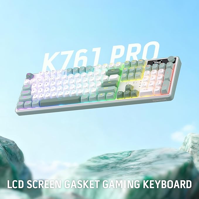 Redragon K761 Wireless Gasket Gaming Keyboard w/Hype Screen & Knob, 104 Keys Mechanical Keyboard, Easy-Control 1.14’’ TFT Info Display, 5-Layer Noise Dampening, Custom Linear Switch, Jade Cloud Color
