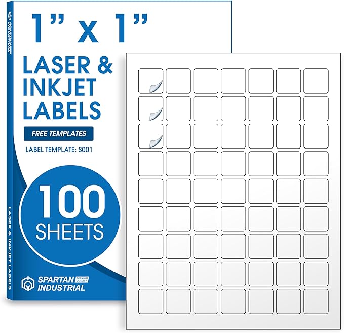 1" X 1" Square Printable Labels for Inkjet and Laser Printers - 100 Sheets, 6300 Matte White Custom Labels for Price Tags, QR Code Stickers, and Barcodes - Spartan Industrial Template S001