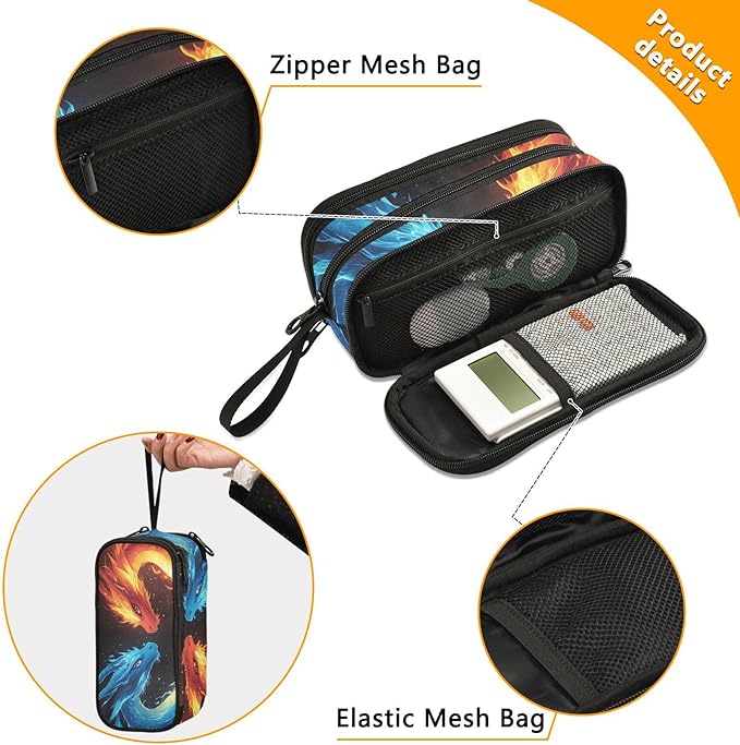 Dragons Red Blue Fire Eyes Pencil Case Box Boys Girls Large Pencil Pouch with Zipper Compartments Big Capacity Stationery Pen Bag Organizer for Kids Teens Adults School